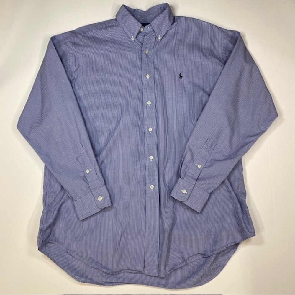 Ralph Lauren‎ Blake Blue Gingham Check Button Down Shirt Mens Large 2-Ply Cotton
